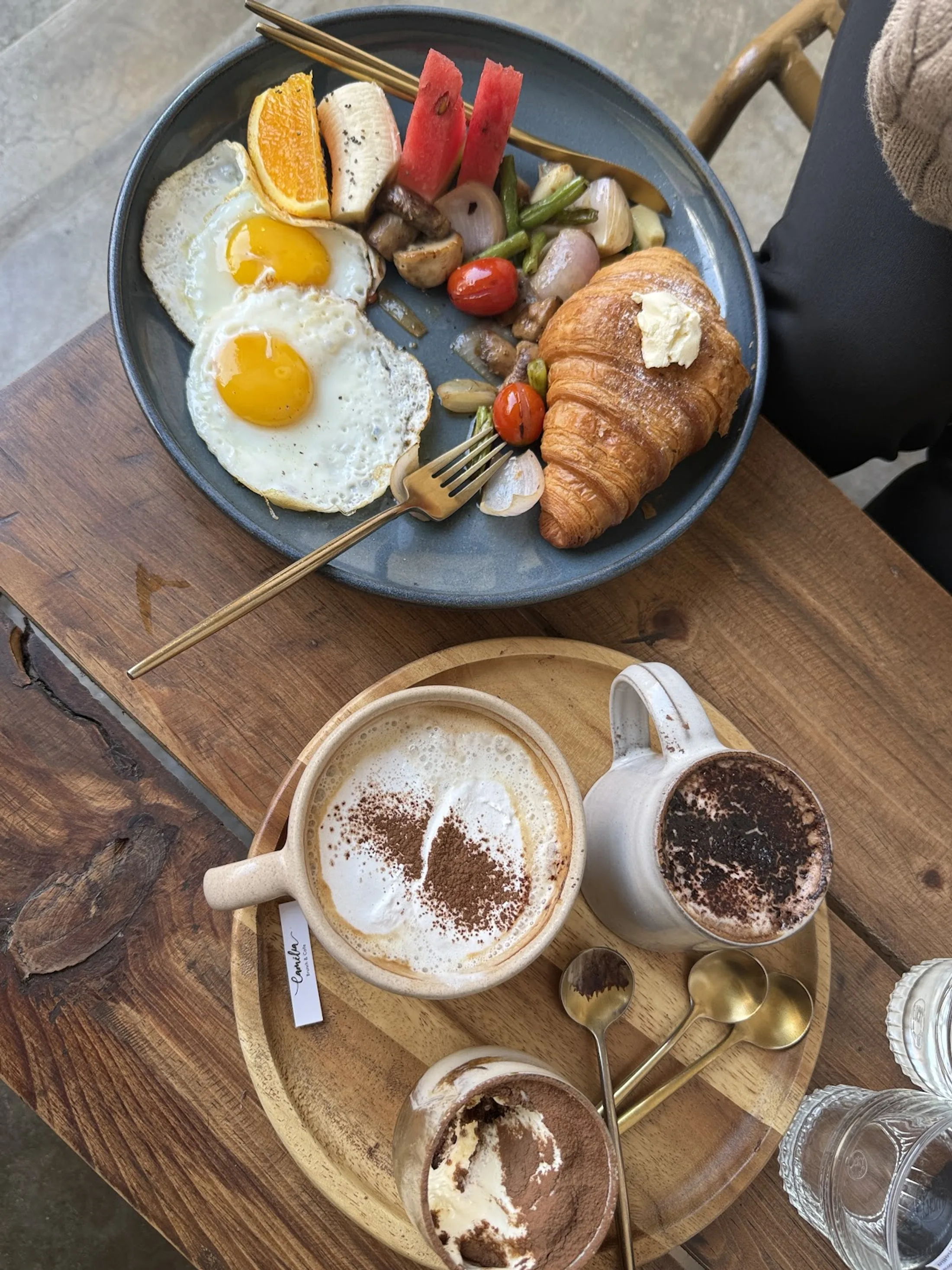 Cafe Camellia — coffee with cocoa foam, breakfast platter and the Camellia branded cup